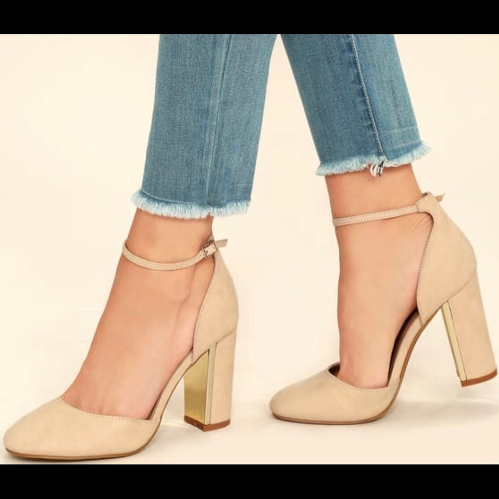 Nude suede ankle strap heels